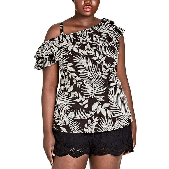 City Chic Women’s Trendy Plus Size Palm-Print Ruffle T-Shirt Tops, Black, 18W X Plus
