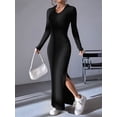 thumbnail image 6 of Women'S Long Sleeve Collar V Neck Maxi Dress Slit Thigh Ribbed Knit Bodycon Dresses, 6 of 9