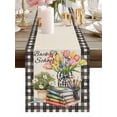 thumbnail image 2 of Burlap Table Runner 36 Inches Long, Retro Books Pencils Potted Plants Non-Slip Kitchen Table Runners for Dining Room Everyday Use Party Table Decorations Black Plaid on Linen, 2 of 9