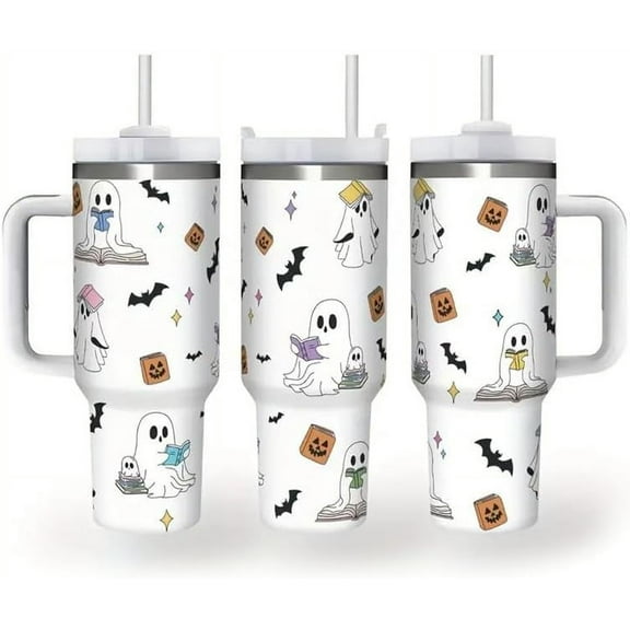 1pc 40oz Halloween Ghost Reading Book Tumbler, Double Wall Insulated Stainless Steel Water Bottle with Straw and Lid, BPA-Free Oval Shaped Travel Mug, Dishwasher Safe, Ideal Gift for Halloween