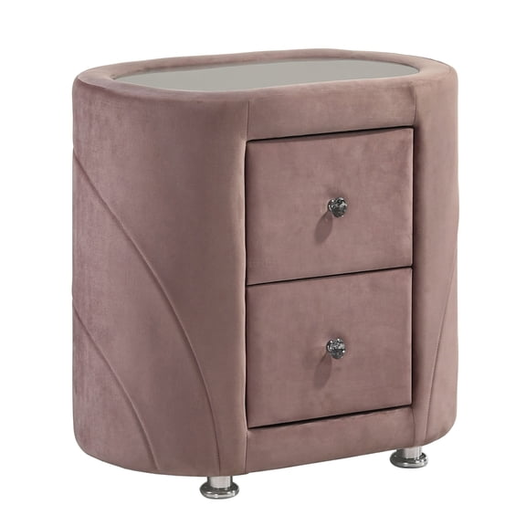 JERFIT Modern Velvet Nightstand with 2 Drawers, Pink Upholstered Bedside Table with Sand Blast Glass Top for Bedroom