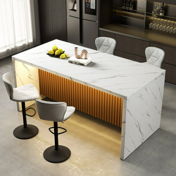 Hawsaiy 63" Modern LED Rectangle Dining Table Kitchen Island with Marble Top, 6 Seater Dining Table with Lights for Home, Kitchen, Office, White