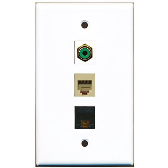 RiteAV - 1 Port RCA Green and 1 Port Phone RJ11 RJ12 Beige and 1 Port Cat6 Ethernet Black Wall Plate