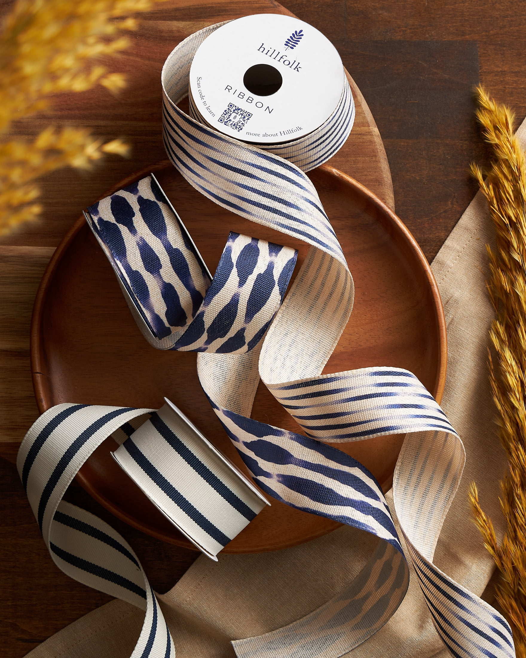 Hillfolk 1.5 Stripes Cream/Blue 9ft Ribbon for Crafts and Gifting