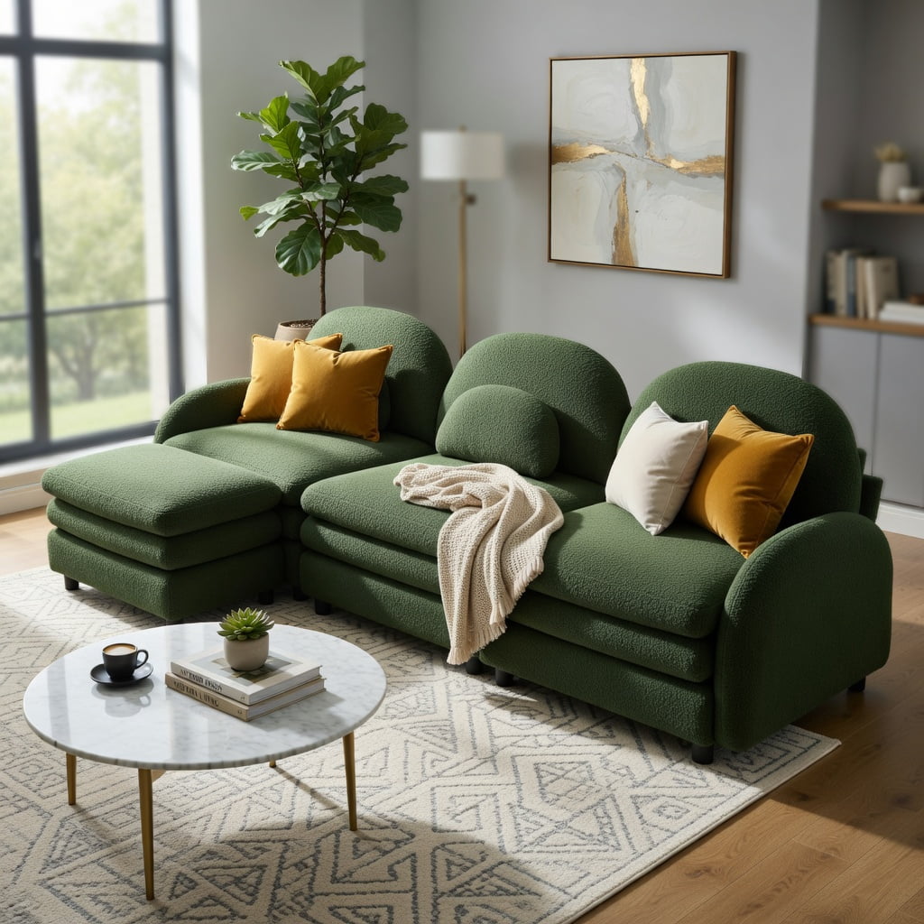 Hommoo Teddy Fleece 4-Seat Modular Sectional Sofa, Cloud-Like Double-Layer Cushion, Curved Backrest & Armrest, Movable Ottoman, Easy Assembly, Green