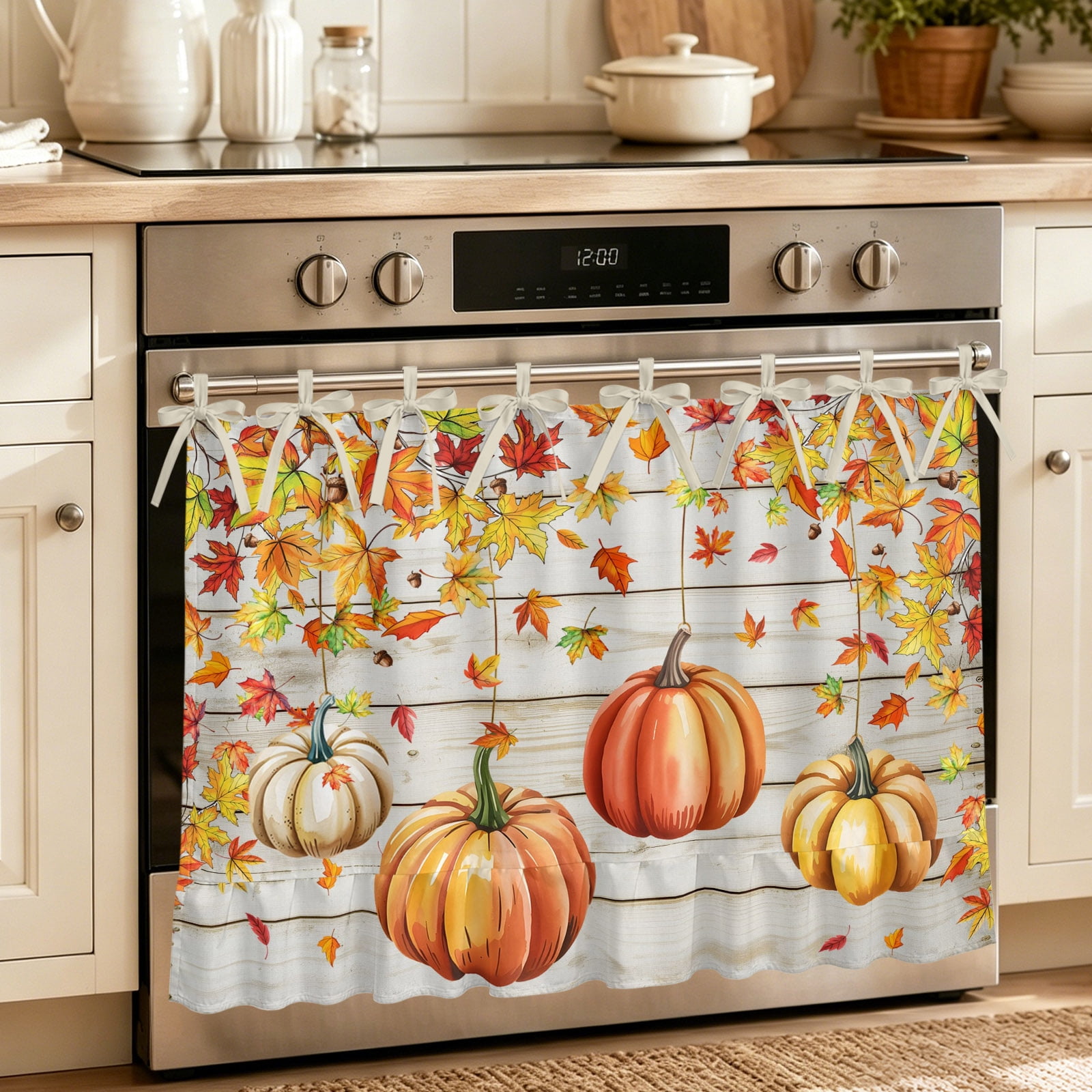 Oven Curtain for Kitchen Thanksgiving Maple Leaf Pumpkin Stove Curtain With Ruffled Trim Dishwasher Curtains Fall Leaves Retro Plank Oven Skirt 32 x24