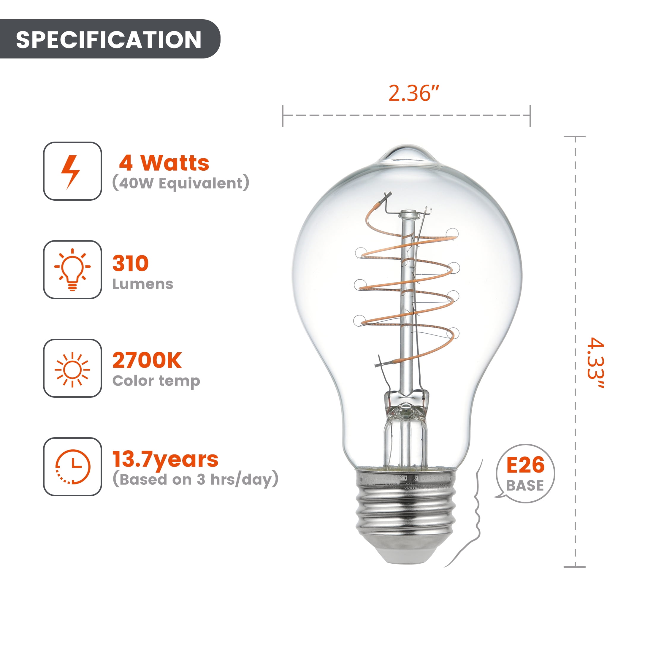 (2 pack) Better Homes & Gardens A19 LED Vintage Light Bulb, 4 Watts (40W Equivalent), Soft White, Thin Filament, E26, 2PK