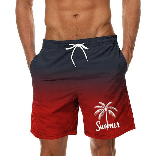 LOVZFMLL Men's Swim Trunks, Men's Summer Beach Shorts Fashion Gradient Color Seaside Holiday Shorts Beach Pants with Pockets Red L