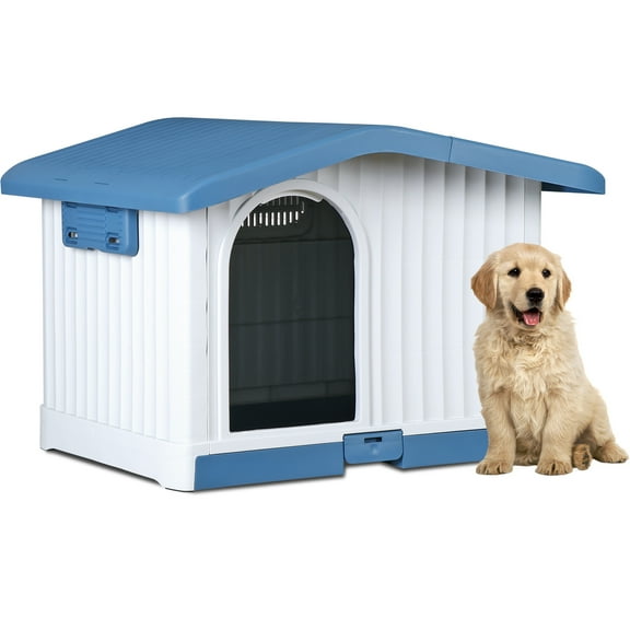 SuperDeal 24" Sturdy Plastic Dog House Indoor Outdoor Pet Shelter w/Bar Window and Detachable Base