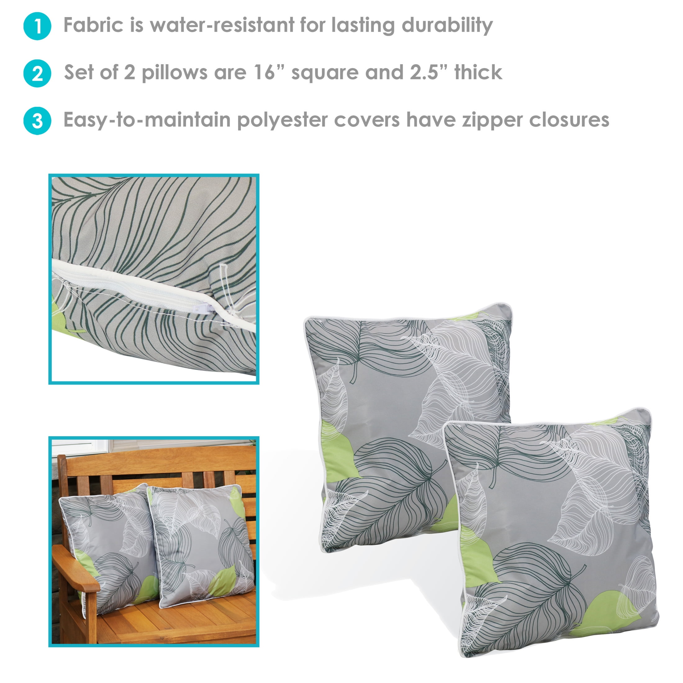 Sunnydaze 16" x 16" Lush Foliage Polyester Square Outdoor Throw Pillows, 2 Count