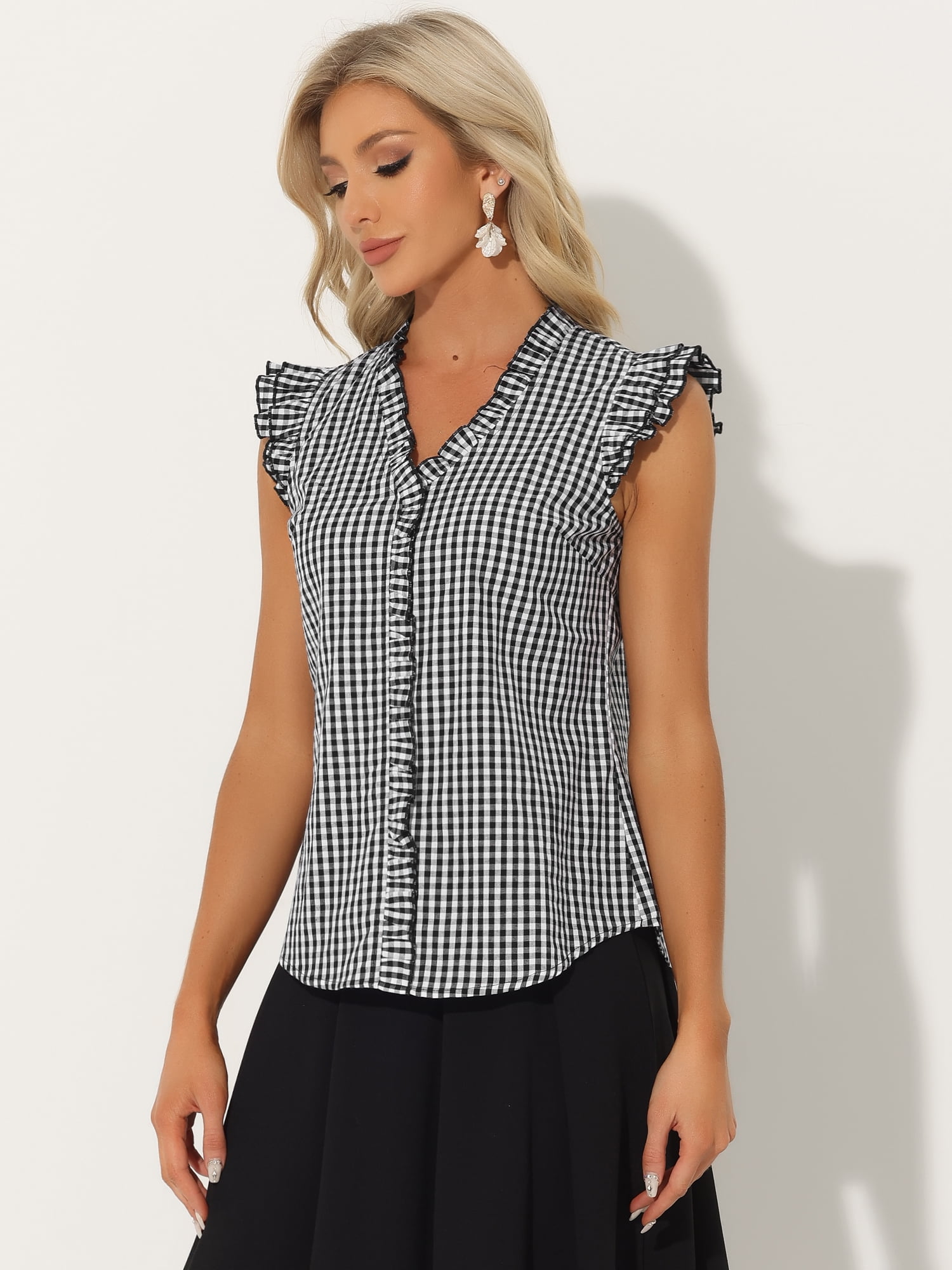 DARING DIVA Women's Cap Sleeve Plaid Gingham Ruffle Blouse M Black