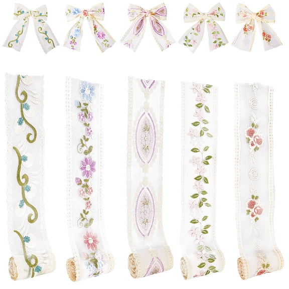 5 Rolls 10 Yards Sheer Tulle Ribbon Organza Embroidered Floral Trim Vintage Flower Leaf Vine Pattern Lace Edge Decorative Ribbons