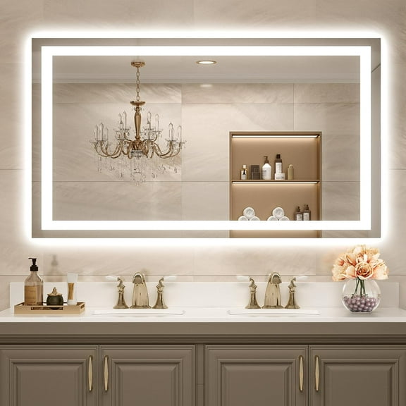 USHOWER 55×30" Frameless LED Backlit Bathroom Mirror – Anti-Fog, 3-Color Dimmable, Memory, Wall-Mount Tempered Glass