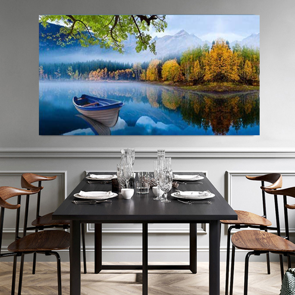 Autumn Forest Lake Mountain Canvas Wall Art Boat Painting Natural Landscape  Artwork Wall Decor for Living Room Bedroom Office Framed Ready to Hang 