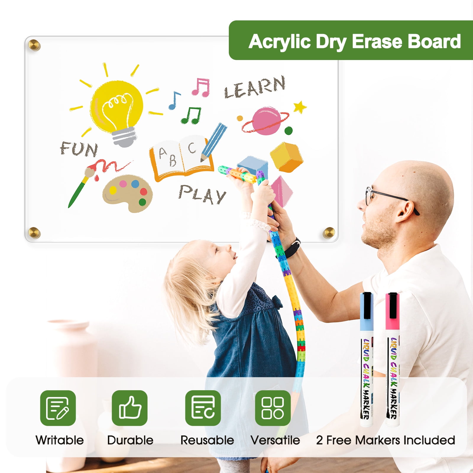 DOLLAR BOSS Oversize Acrylic Dry Erase Board for Wall, 36'' x 24'' Acrylic Writing Board Non-Magnetic Floating Ultra-Thick Dry Erase Board for Wall Non-Frame Whiteboard with Markers&Eraser for Office