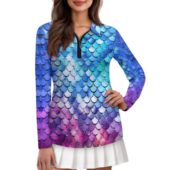 Pzuqiu Fish Scale Workout Tops for Women Size XS Quick Dry Long Sleeve Golf Shirts Personalized Running Outdoor Tops Breathable Casual Outfits Fashion Clothing for Daily Life