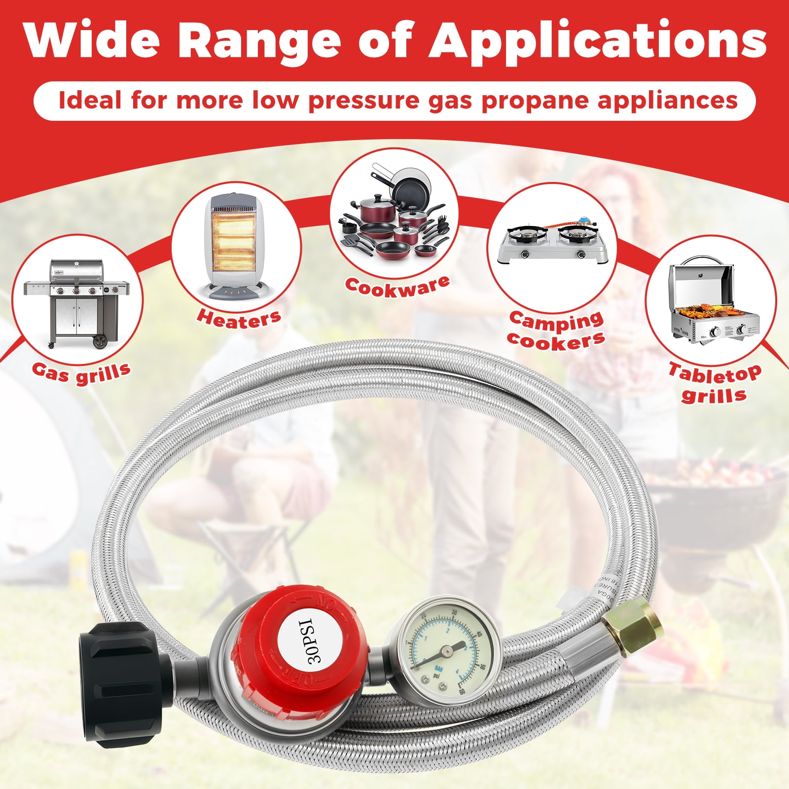 5FT Stainless Steel Brass Propane Regulator And Hose 30 PSI Adjustable Heat Resistant Gas Grill Regulator Hose for Turkey Fryer Fire Pit Camping Stove