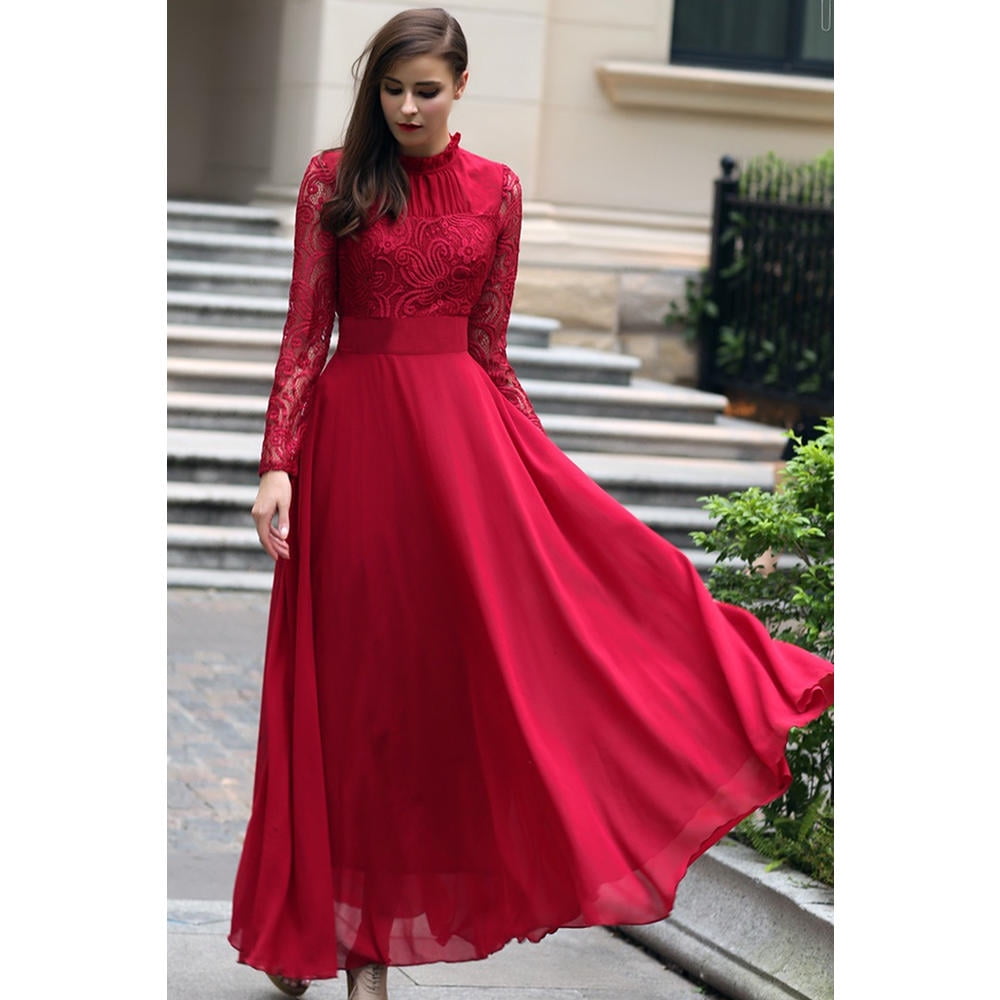 Unomatch Women Chiffon Lace Sleeves Big Swing Maxi Prom Night Dress Red Wine, Women's, Size: Small