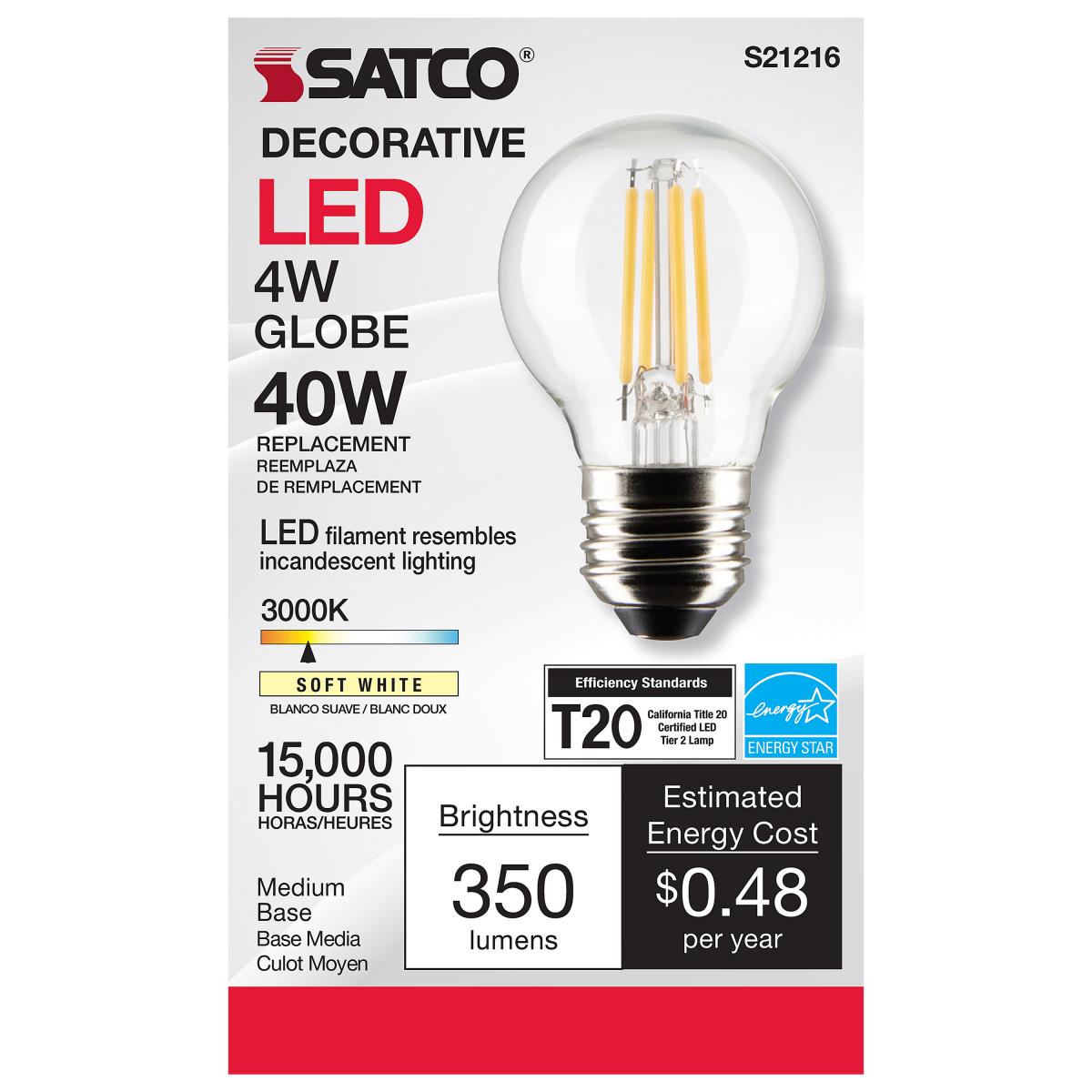 Satco S21216 G16.5 Globe LED Light Bulbs 4W 120V 3000K 90+CRI E26 Medium Base Dimmable (6 Pack)