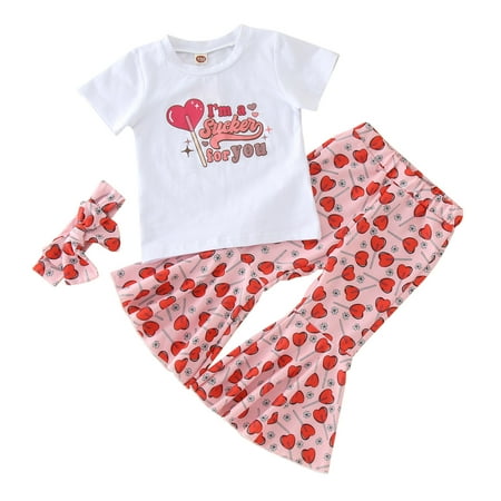 

Girl Outfits Toddler Girls Short Sleeve Love Letter Prints Tops Flared Pants Trousers With Headband 3PCS Outfits Clothes Set Valentine‘S Day Toddler Girl Outfits(Size:2-3 Years)