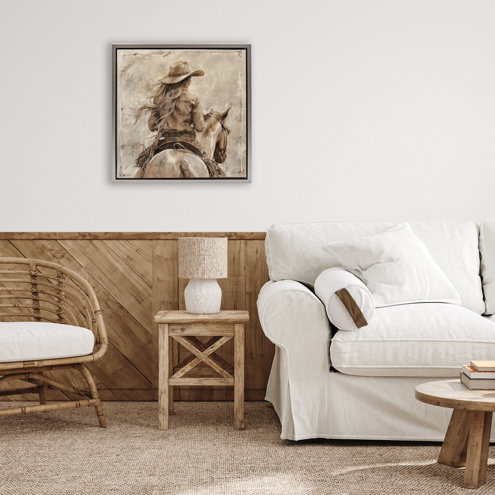 Stupell Industries Windblown Cowgirl on Horseback Gray Framed Floater Canvas Wall Art, design by Marta Wiley