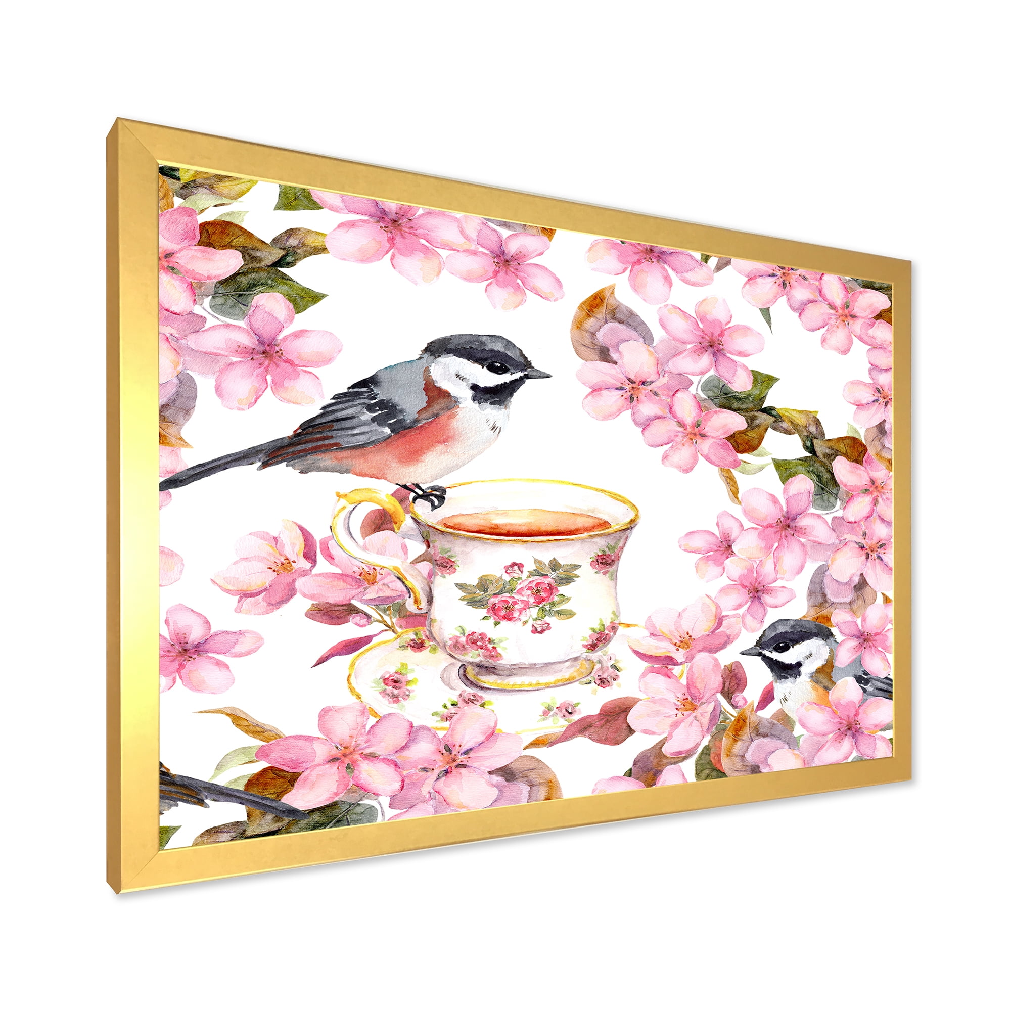 Designart 'Tea Cup Birds and Pink Flowers' Traditional Framed Art Print
