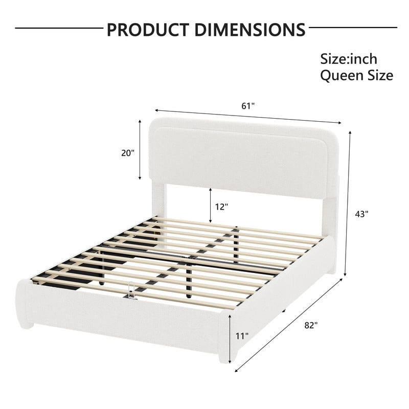Queen Size Boucle Upholstered Bed Frame with Adjustable Height Headboard, Low-Profile Platform Bed with Mattress Anti-Slip Holder