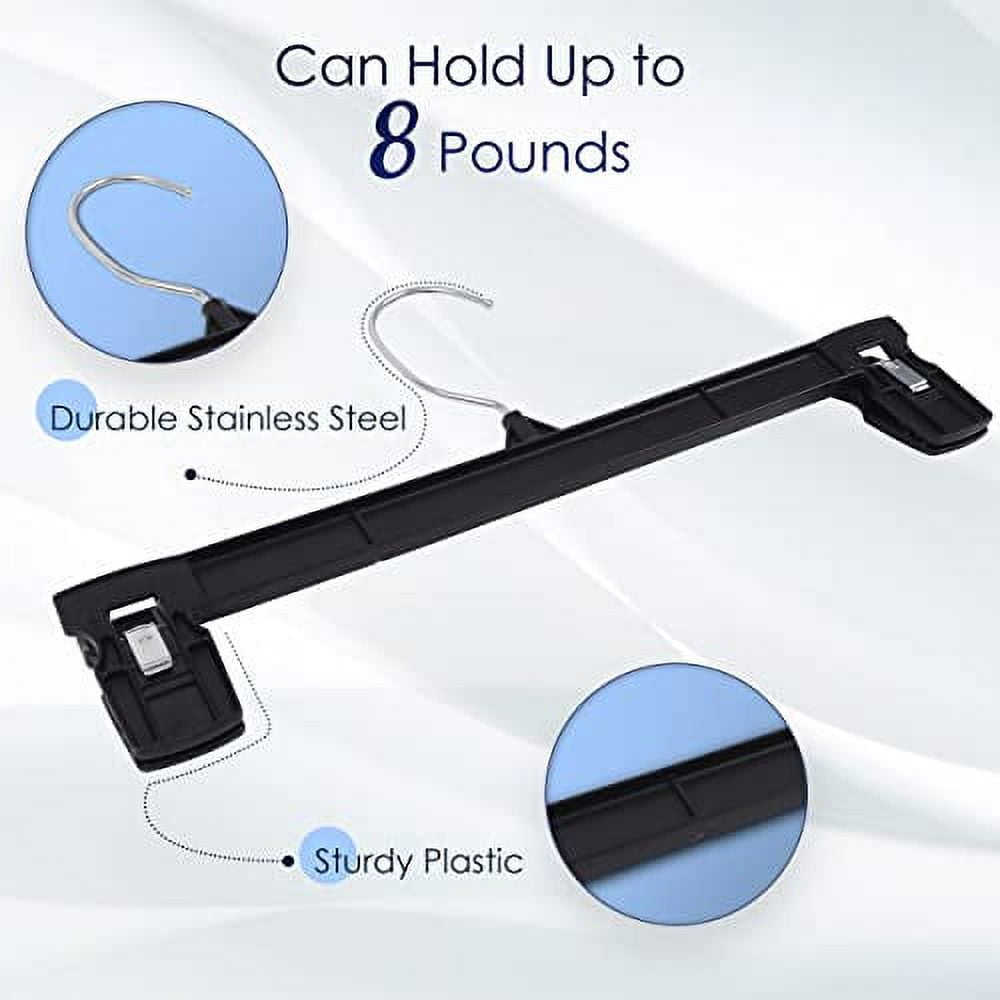 Hanger Central 10 Pack Recycled Black Heavy Duty Plastic Pants & Skirt Bottom Hangers with Plastic Extra Long Pinch Clips and Polished Metal Swivel Hooks, 12 Inch