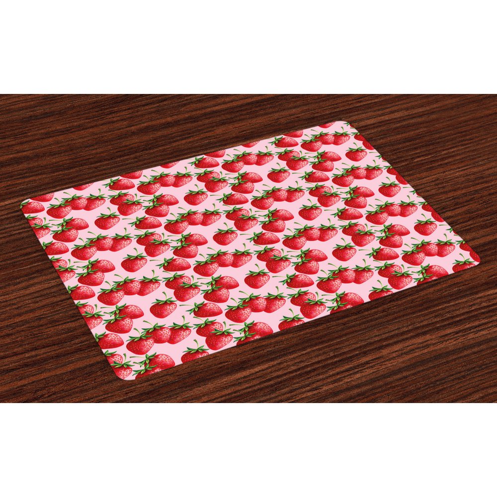 Red Placemats Set of 4 Delicious Big Strawberries on Pink Background
