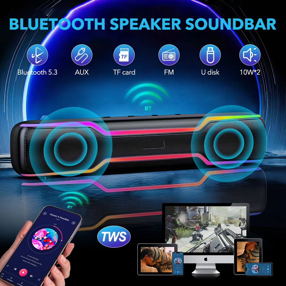 Bluetooth Speaker Soundbar, 20W PC RGB Gaming Soundbar with 3.5mm Jack Aux-in Computer Speakers, TWS Sound Bar for Desktop Laptop