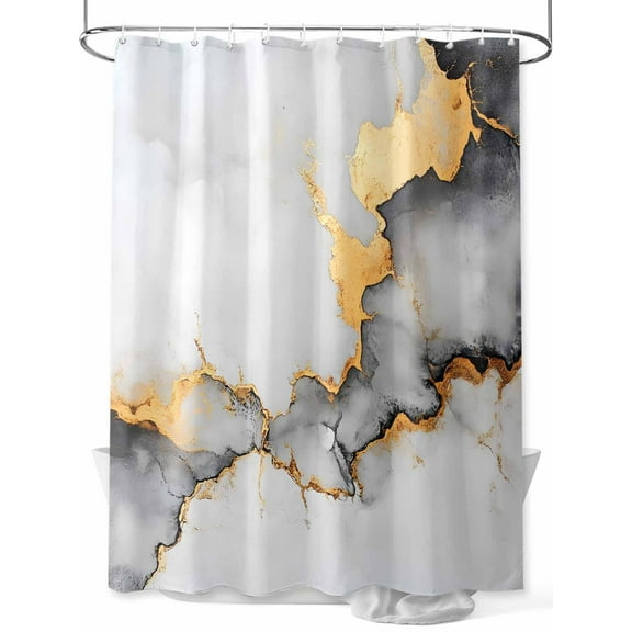 Abstract Marble Texture Shower Curtain, Grey White Gradient Gold Crack Art Waterproof Shower Curtain Set with 12 Hooks Lightweight Washable Fabric Shower Curtains for Bathroom 48x72 Inches