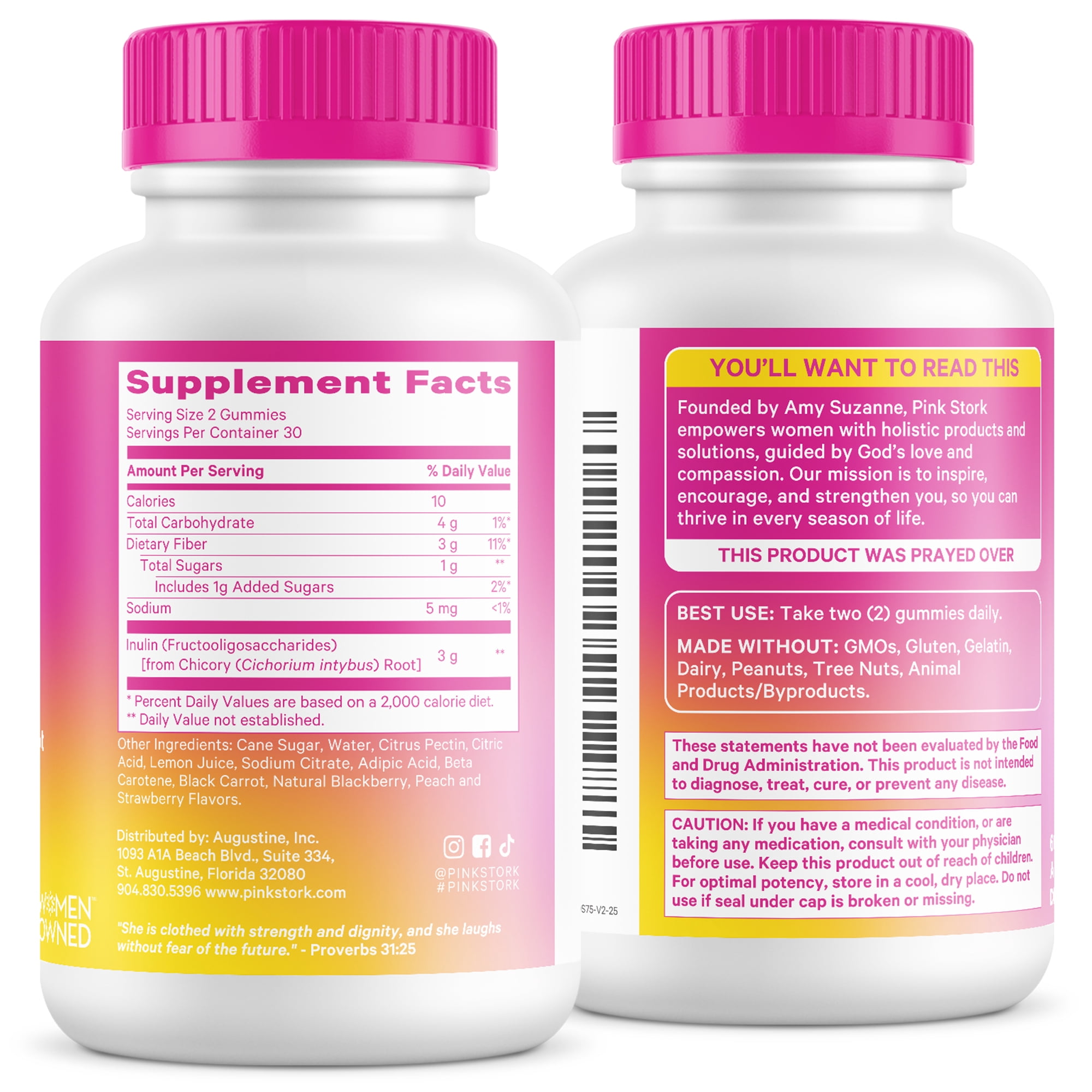 Pink Stork Fiber Gummies - Vegetarian Prebiotic Inulin Digestive Support, Assorted Fruit Flavors, 60 Count