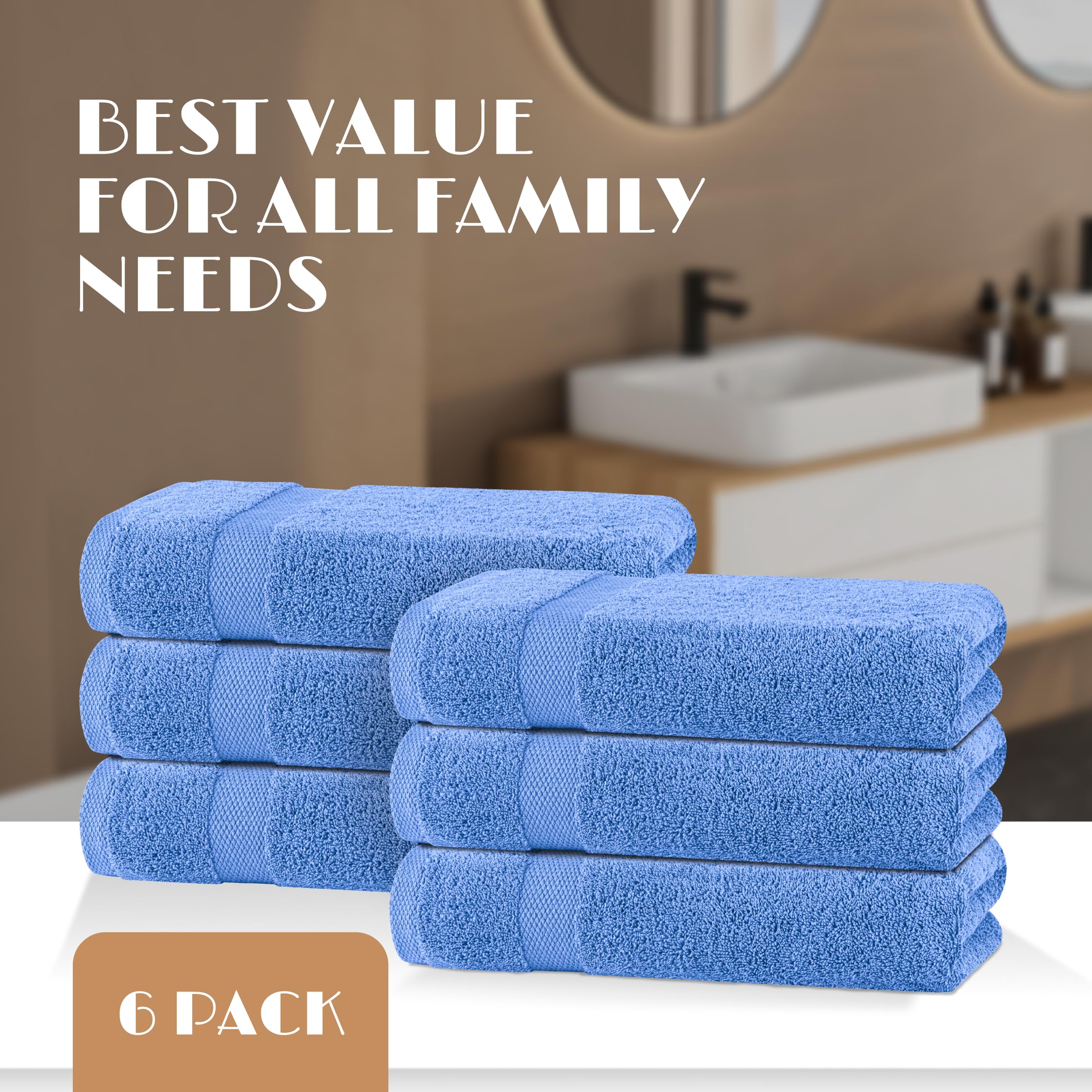 White Classic Wealuxe Light Blue Bath Towels 24x50 inch, Cotton Towel Set for Bathroom, Hotel, Gym, Spa, Soft Extra Absorbent Quick Dry 6 Pack