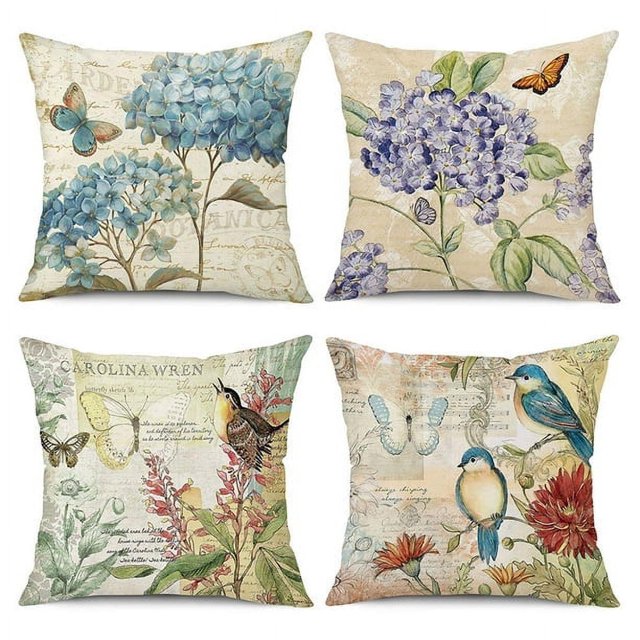 Farmhouse Pillow Covers 18x18 Set of 4 Spring Summer Throw Pillow Covers Linen Flower Butterfly Bird Decorative Pillowcases for Sofa Couch Living