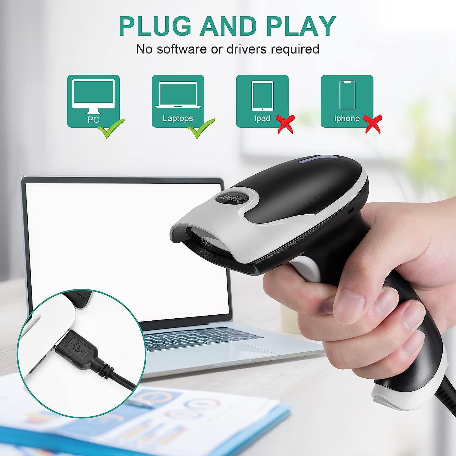 Barcode Scanner, Handheld USB Barcode Scanner Wired Connection Barcode Reader 1D 2D PDF417 QR Data Matrix Automatic Plug&Play Bar Code Scanners for Desktop Store Supermarket Warehouse Library