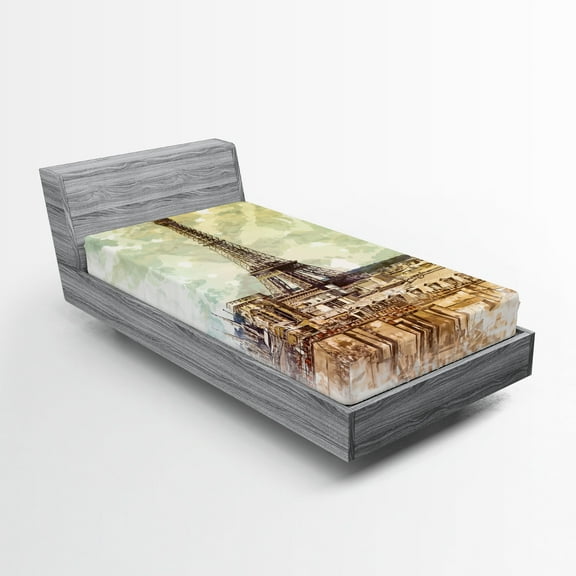 Ambesonne Vintage Fitted Sheet, Eiffel Tower Skyline, Twin XL Size, Brown Beige