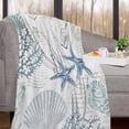 thumbnail image 4 of 1pc Vintage Nautical-Style Starfish & Shell Plush Blanket - Comfortable Lightweight Polyester Blanket In Blue & Cyan Color With Coral Reef Pattern, Hypoallergenic, Machine Washable, 4 of 11