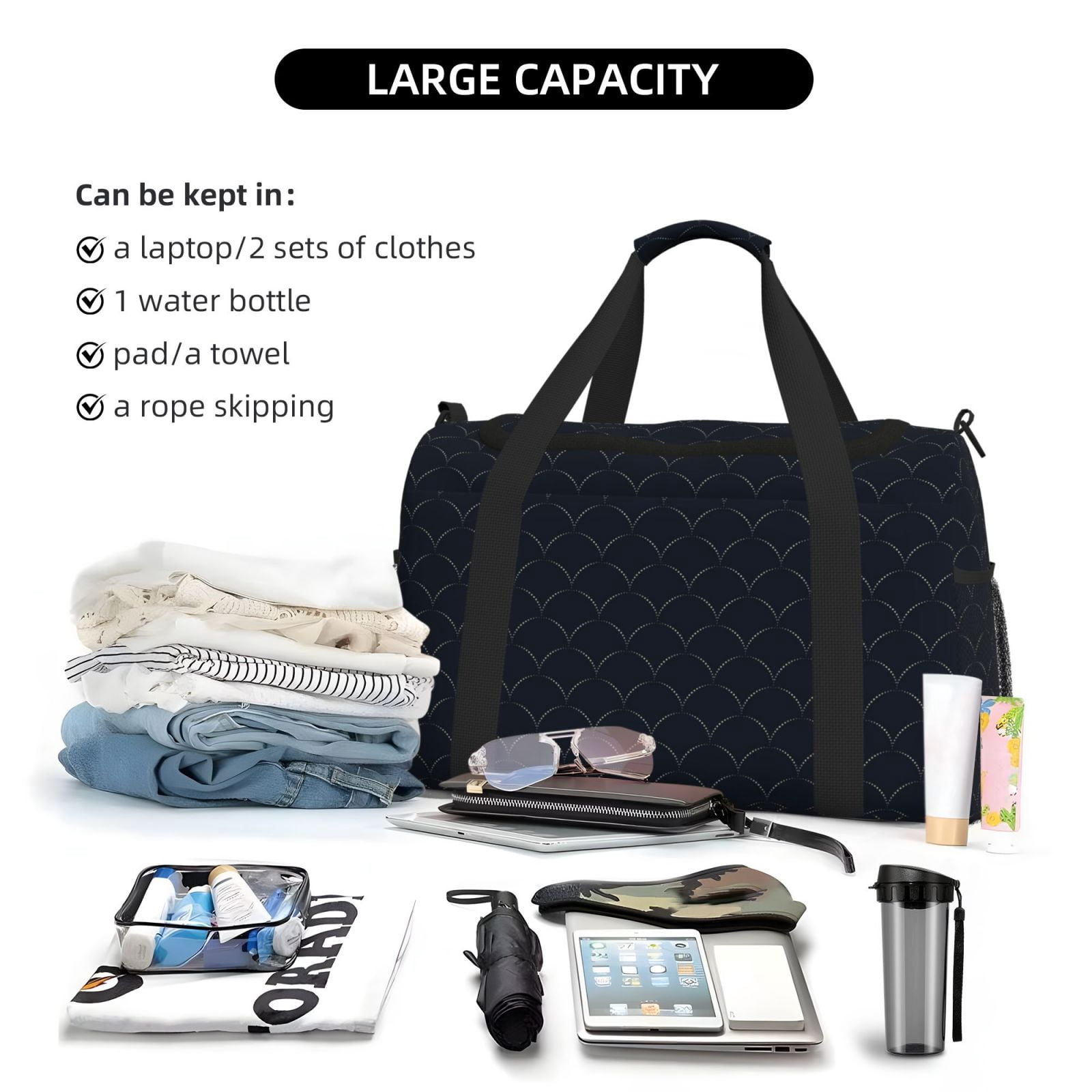 Fuzoiu Black Fish scales Print Travel Duffle Bag,Carry On Tote Bags,Duffel Bag,Sport Gym Bag, Hospital Bag for Labor and Delivery, Overnight Bag,Luggage Bag