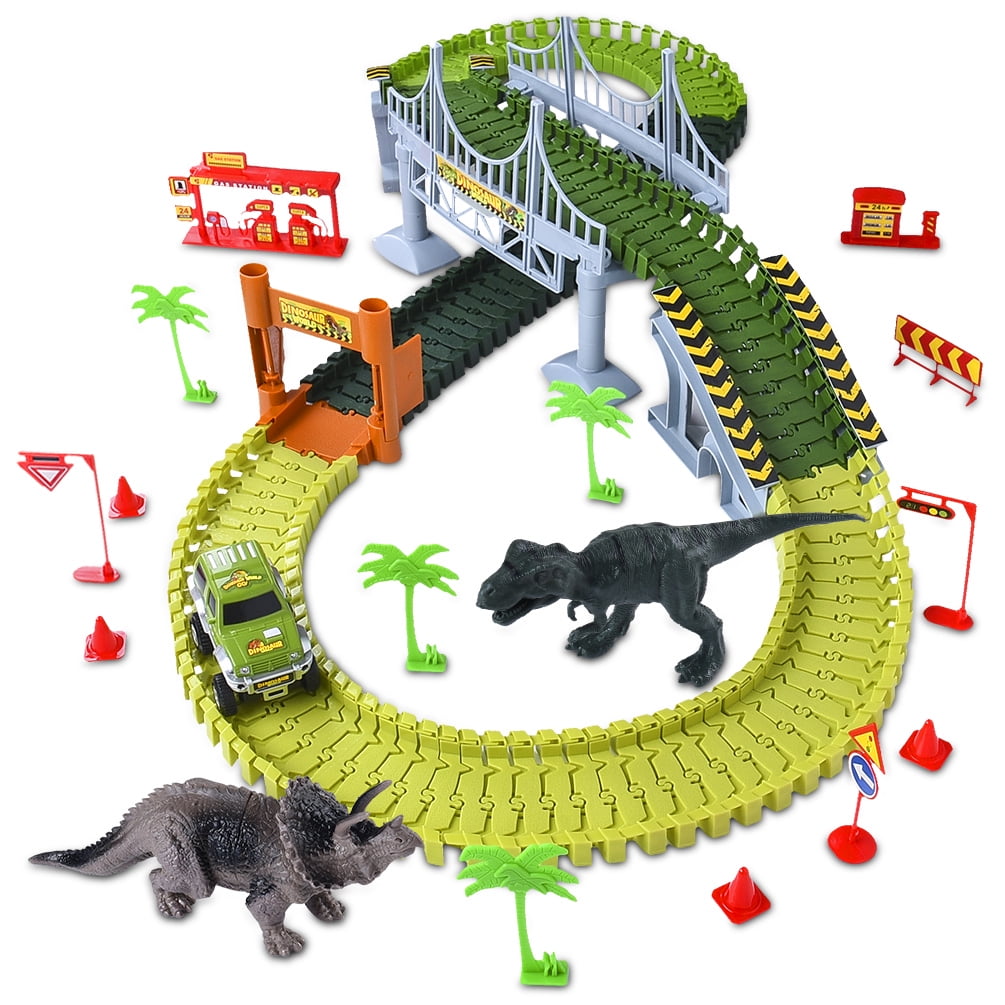 Create A Road Toy Car Play-set for 3 Years & up Dinosaur Toys for Boys Girls Toddler UPGRADED Dinosaur Race Car Track Set 142 pieces Flexible Tracks Child-Friendly Bridge Kit comes with 2 Dinosaurs