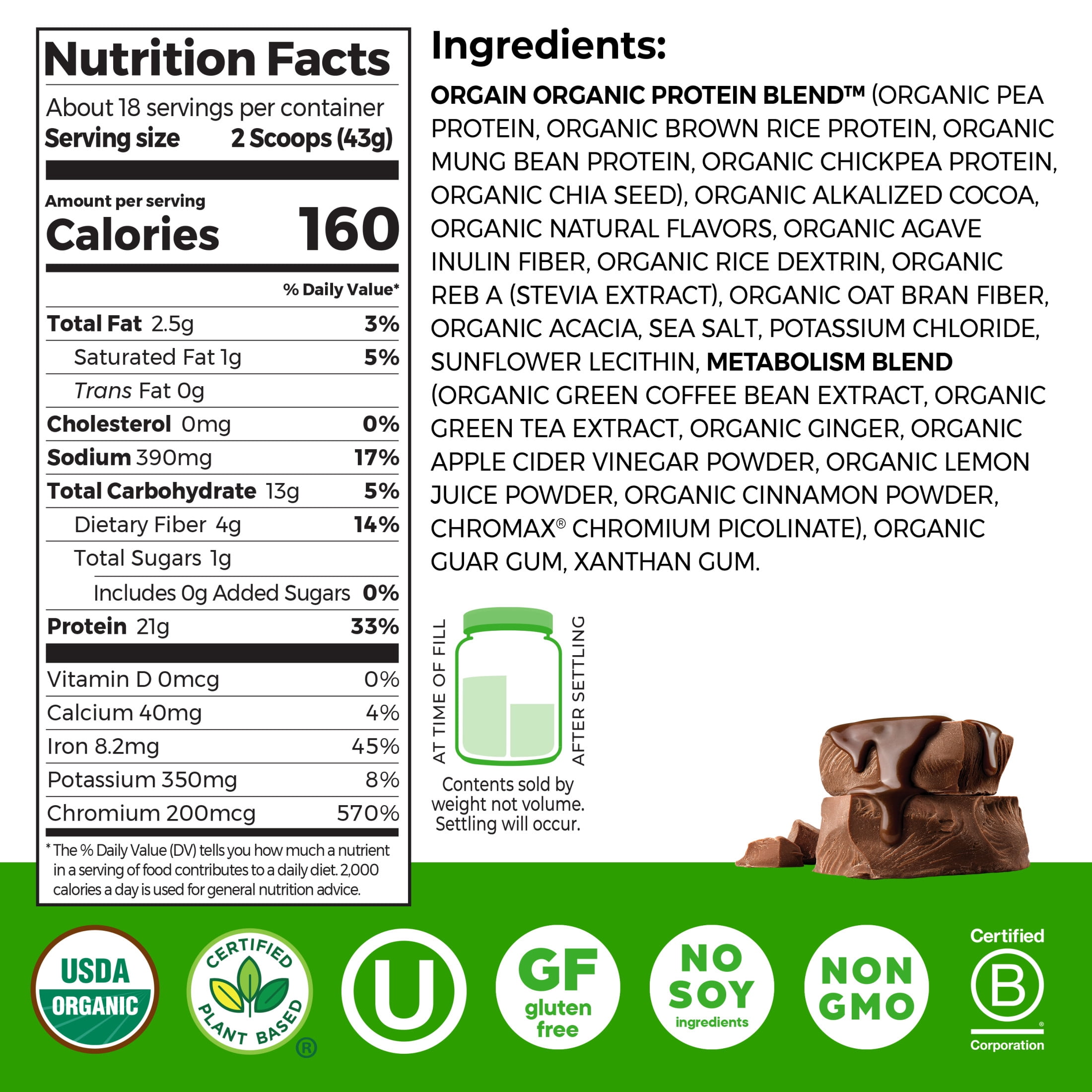 21g Organic Vegan Protein Metabolism Blend Powder, Chocolate Fudge, 1.71 lb