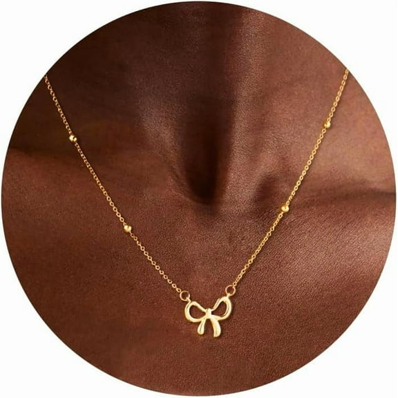 TRAHOO-Bow Necklace 14K Real Gold Plated Choker Dainty Gold Necklace for Woman Pendant Necklace Bow Jewelry Trendy Cute Gold Necklace for Woman Jewelry Gift