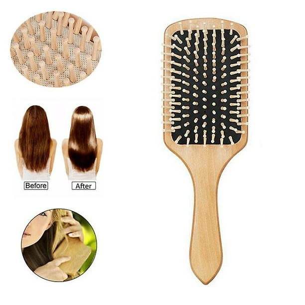 Cepillo de paleta de madera natural con peines de aire para masaje del cuero cabelludo, antiestático, antienredos.