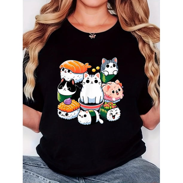 Women'S T-Shirt, "Nine Sushi Cats" Print, Retro Minimalist Fashion, Round Neck, Casual Comfort, Sports Short Sleeve T-Shirt