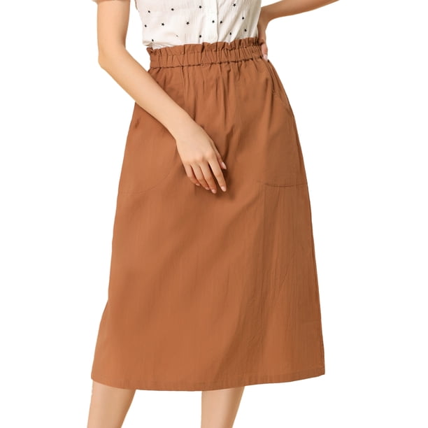 INSPIRE CHIC Falda de algodón de cintura elástica vintage campesina para mujer Faldas médicas a media pierna con bolsillos marrón XS
