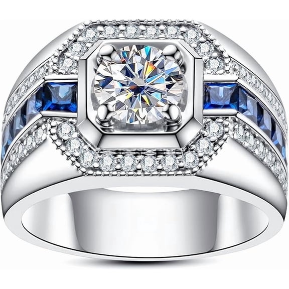 ONEORA 1.30 Ct Round Cut White Moissanite Men's Ring 18k White Gold Over Silver Size- 5