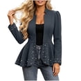 thumbnail image 2 of GaThRRgYP Womens Jean Jacket Cropped Women's Stand Collar Open Front Waist Fitted Peplum Hem Solid Color Pearl Embellished Stylish Long Sleeve Jacket Navy XXXL, 2 of 9