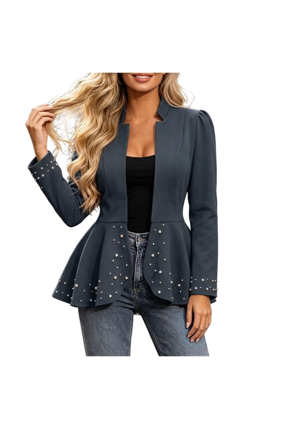 Women Peplum Blazer Jacket Stand Collar Puff Long Sleeve All Over Pearl Beaded Open Front Fitted Waist Evening Party Semi Formal Outer Coat Blue L