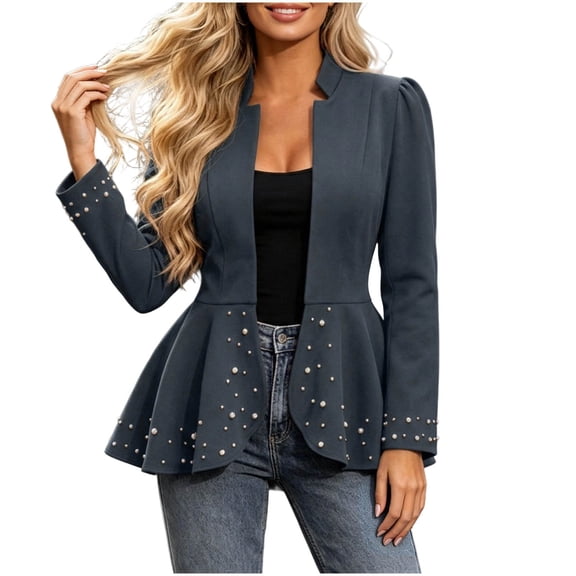 Htigea Womens Peplum Blazers Elegant Long Sleeve Stand Collar Open Front Jacket Dressy Work Eveing Coats Navy XXXL