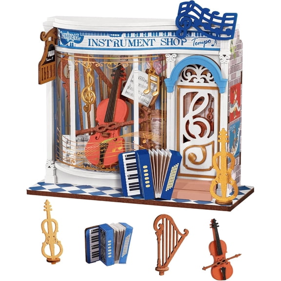Rolife Melody Instrument Shop DIY Miniature House Kit, 3D Wooden Puzzle Bookshelf Decor, Mini Building Set with Light-Up Features, Creative Craft Gift for Adults Music Lovers