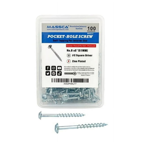 Massca Products X002PIWU77 2 in. Coarse Thread No.8 Zinc Pocket-Hole Screws - 100 Screws
